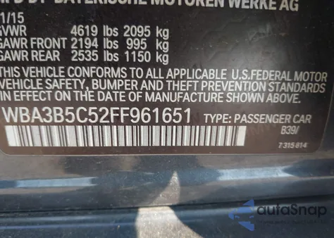 2015 BMW 328I xDrive z USA, uszkodzony, nr VIN WBA3B5C52FF961651